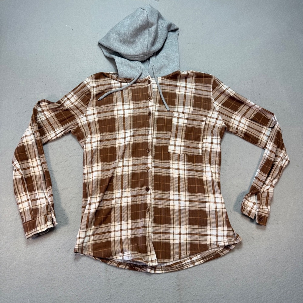 Faded Glory Rose Brown Plaid Hoodie‎ Shirt Size Medium Long Sleeve Button-Down